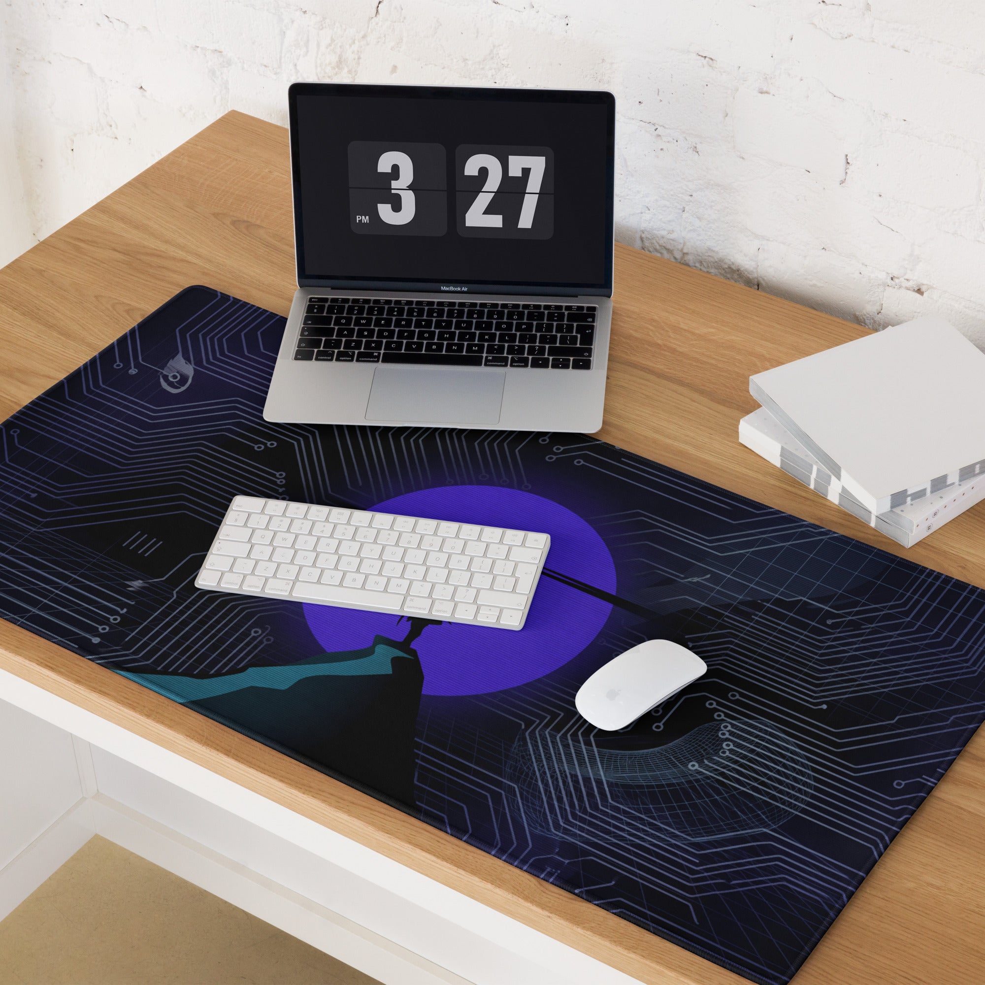 Dark blue circuit board design vaporwave neon circuit mouse pad with central purple circle and teal accents for gaming desk