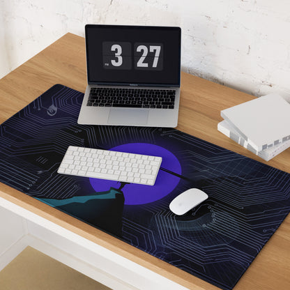 Dark blue circuit board design vaporwave neon circuit mouse pad with central purple circle and teal accents for gaming desk