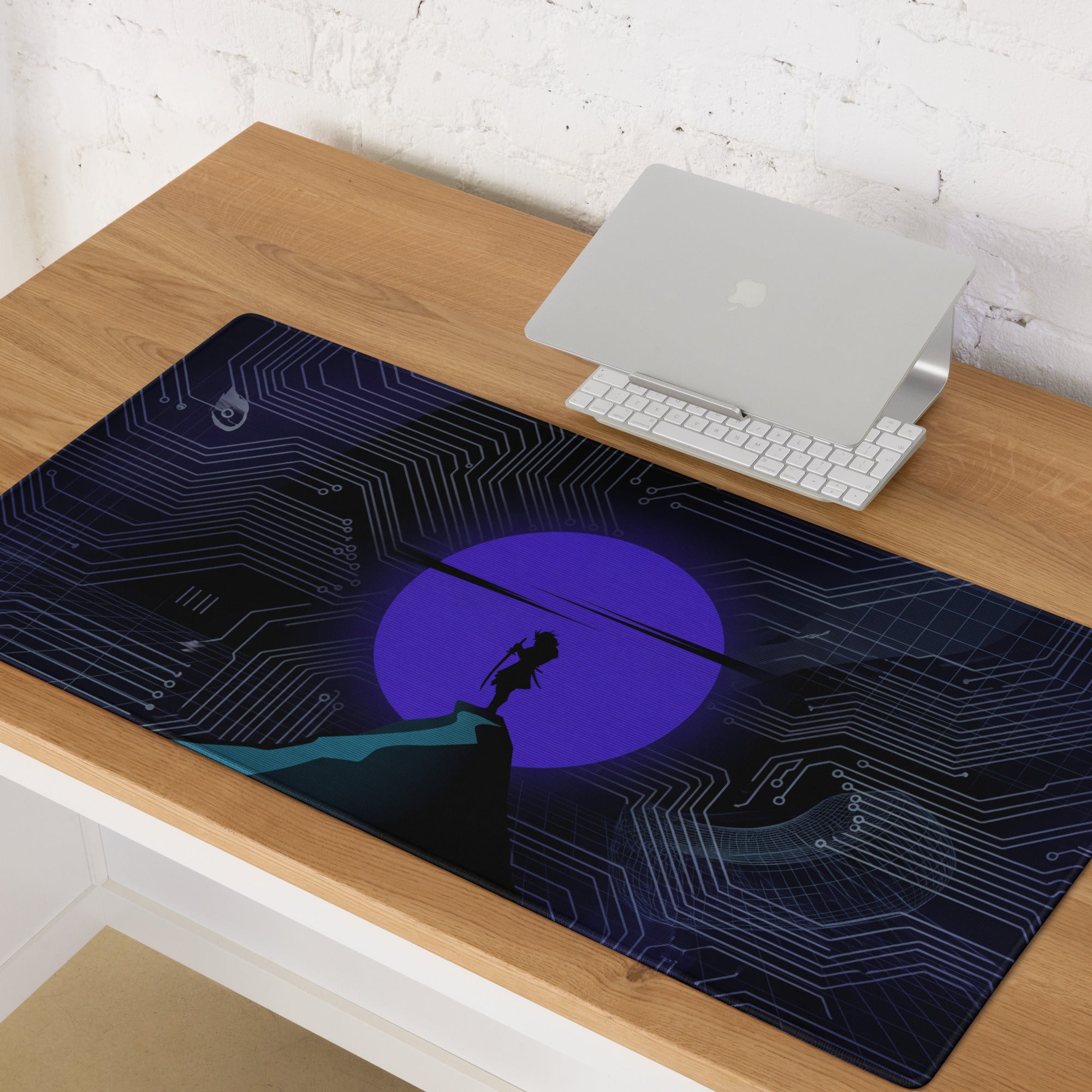 Dark blue rectangular vaporwave neon circuit mouse pad with purple moon and cliff silhouette for gaming desks