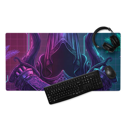 Vaporwave neon gaming mouse pad with vibrant purple blue design featuring a stylized hooded figure in armor