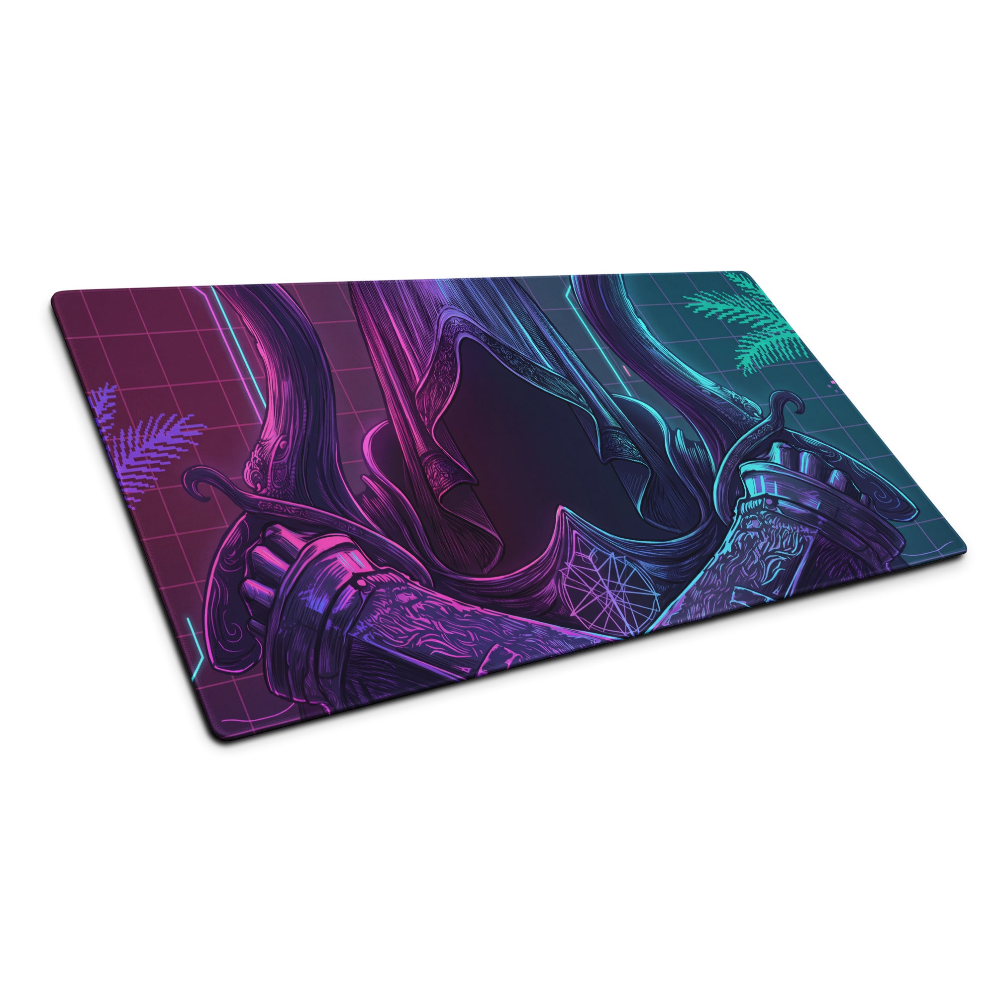 Vaporwave neon gaming mouse pad with neon purple teal sword design and glowing grid patterns for desktop setup