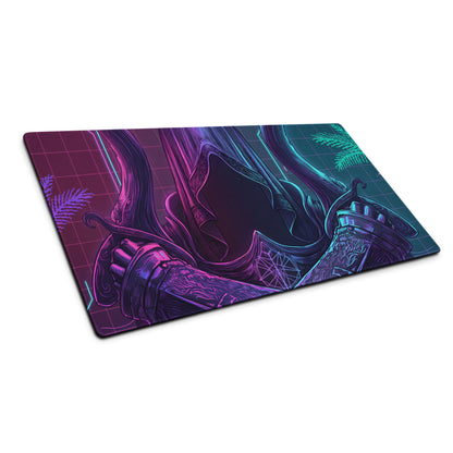 Vaporwave neon gaming mouse pad with neon purple teal sword design and glowing grid patterns for desktop setup
