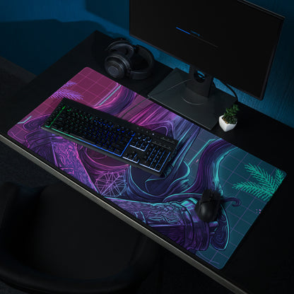 Vibrant neon purple and teal gaming mouse pad with futuristic abstract design and glowing geometric patterns