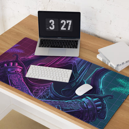 Vibrant purple and teal vaporwave neon gaming mouse pad with intricate mechanical design for desktop setup