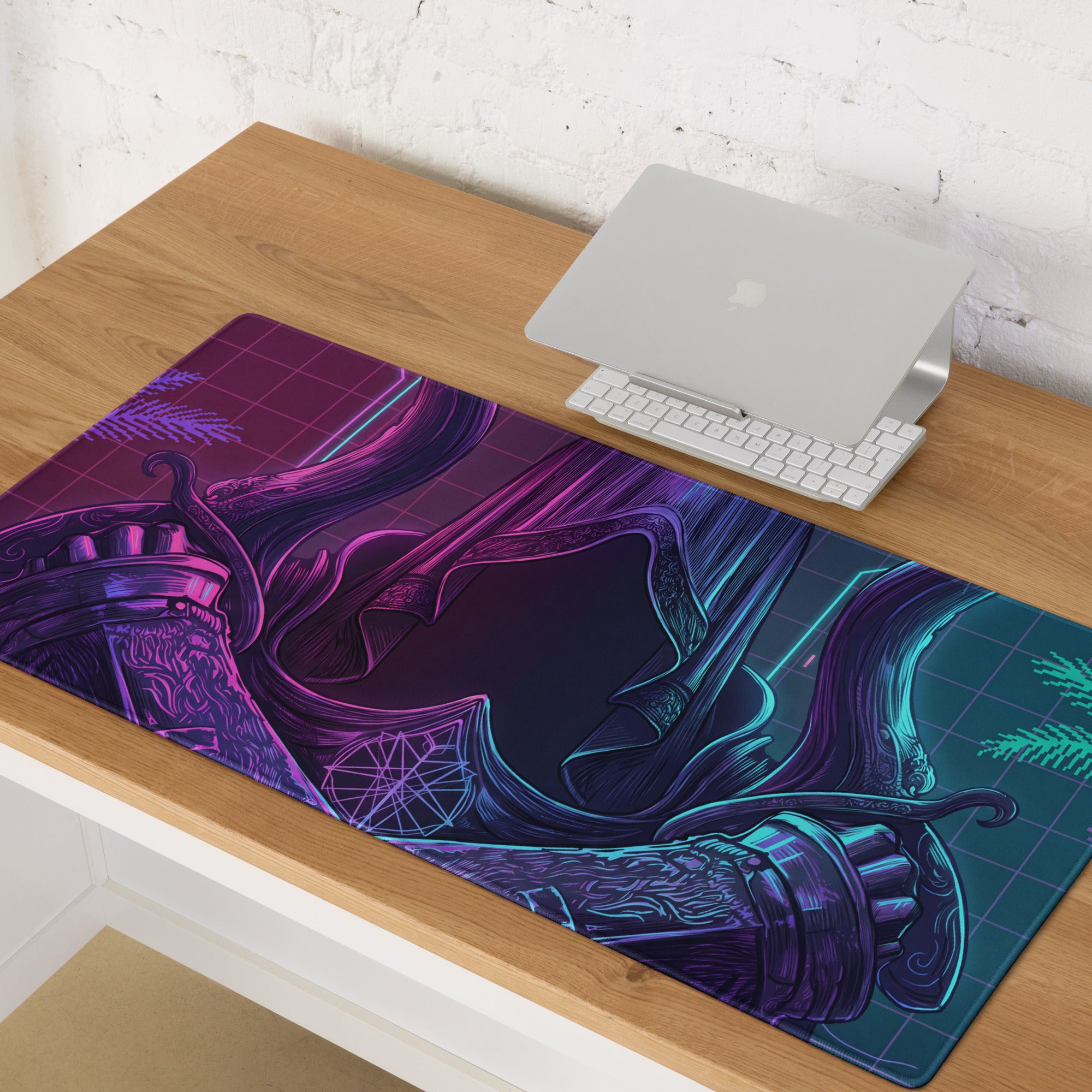 Vibrant neon purple and teal vaporwave gaming mouse pad with intricate mechanical design for desktop setup