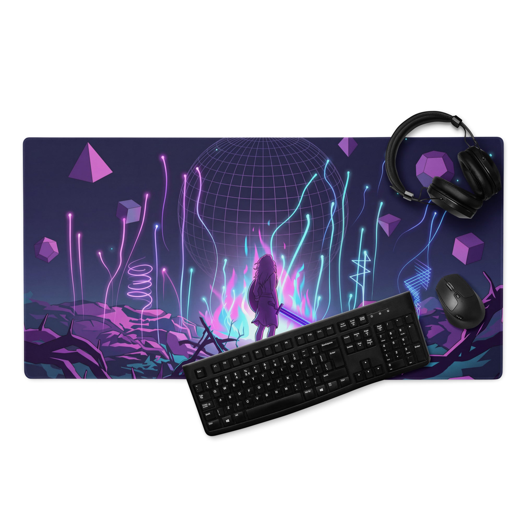 Navy blue neon vaporwave mouse pad with vibrant purple and cyan digital art featuring an anime figure with sword