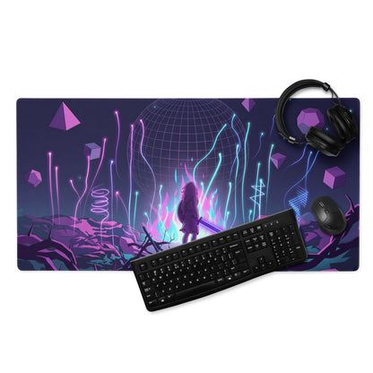 Navy blue neon vaporwave mouse pad with vibrant purple and cyan digital art featuring an anime figure with sword