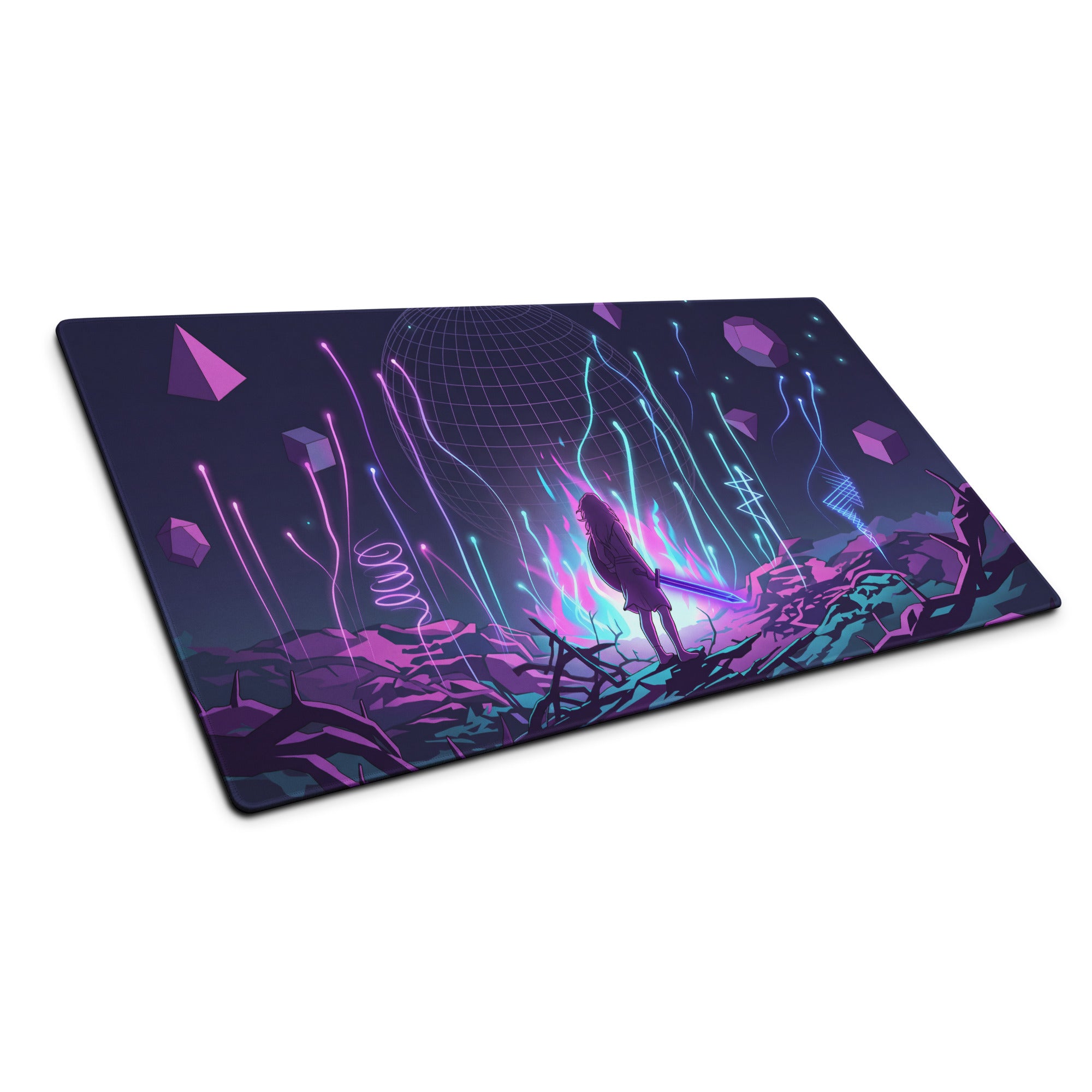Neon vaporwave mouse pad with nebula-themed digital art featuring glowing purple and cyan lines and a sword figure silhouette