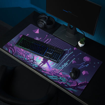 Purple and teal neon vaporwave mouse pad with futuristic geometric design and glowing cyberpunk abstract shapes