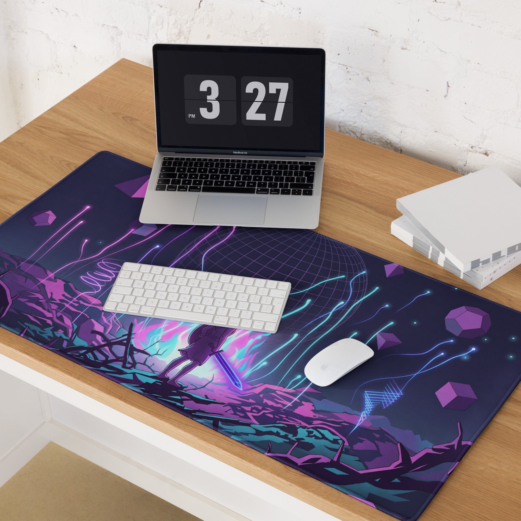 Neon vaporwave mouse pad with vibrant purple and teal digital art featuring a futuristic glowing landscape design