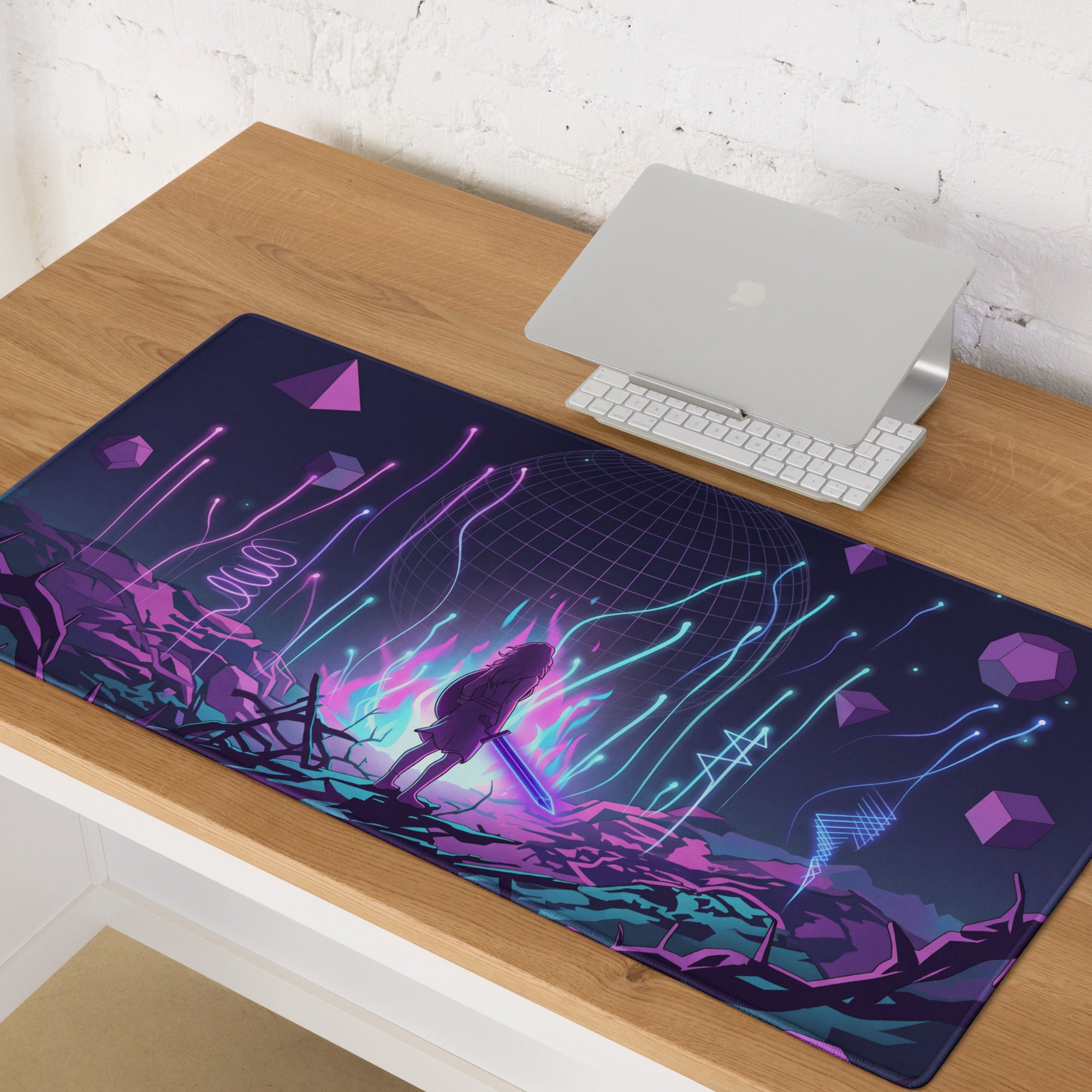 Navy blue neon vaporwave mouse pad with vibrant purple cyan digital art featuring geometric shapes and sword figure