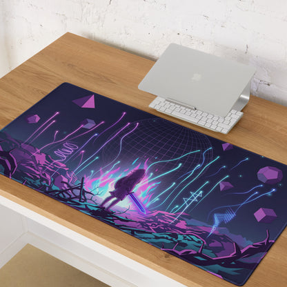Navy blue neon vaporwave mouse pad with vibrant purple cyan digital art featuring geometric shapes and sword figure