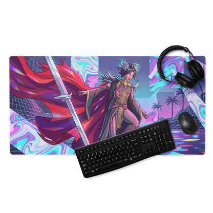 Neon vaporwave warrior gaming mouse pad in vibrant purple and pink featuring a stylized warrior and futuristic palm tree design