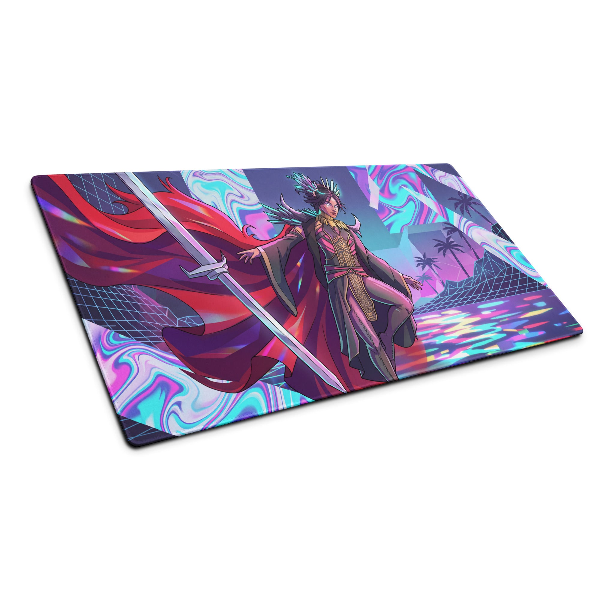 Neon vaporwave warrior mouse pad with holographic finish featuring an anime warrior in red and gold robes on a purple pink background