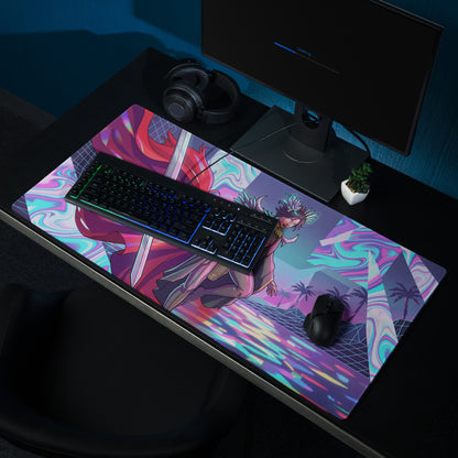 Vibrant neon vaporwave warrior mouse pad with colorful anime-style character in purple and pink for gaming desks