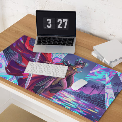 Vibrant neon vaporwave warrior gaming mousepad with stylized anime character and psychedelic purple pink blue design