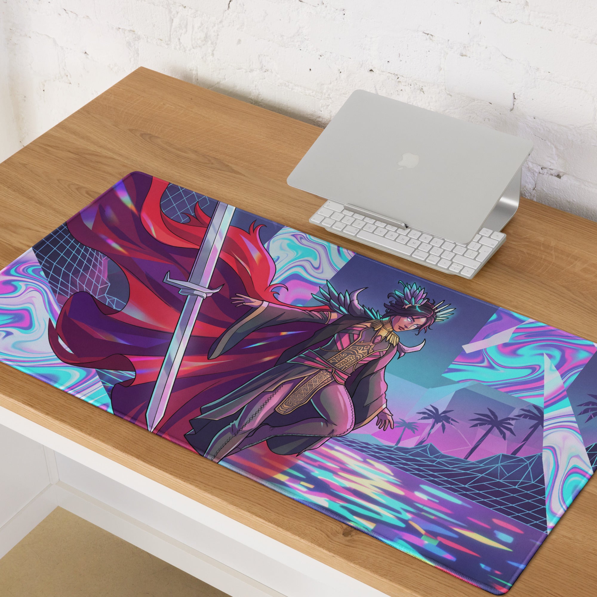 Neon vaporwave warrior mouse pad featuring a holographic anime warrior with red and purple cape and cyberpunk neon palm trees