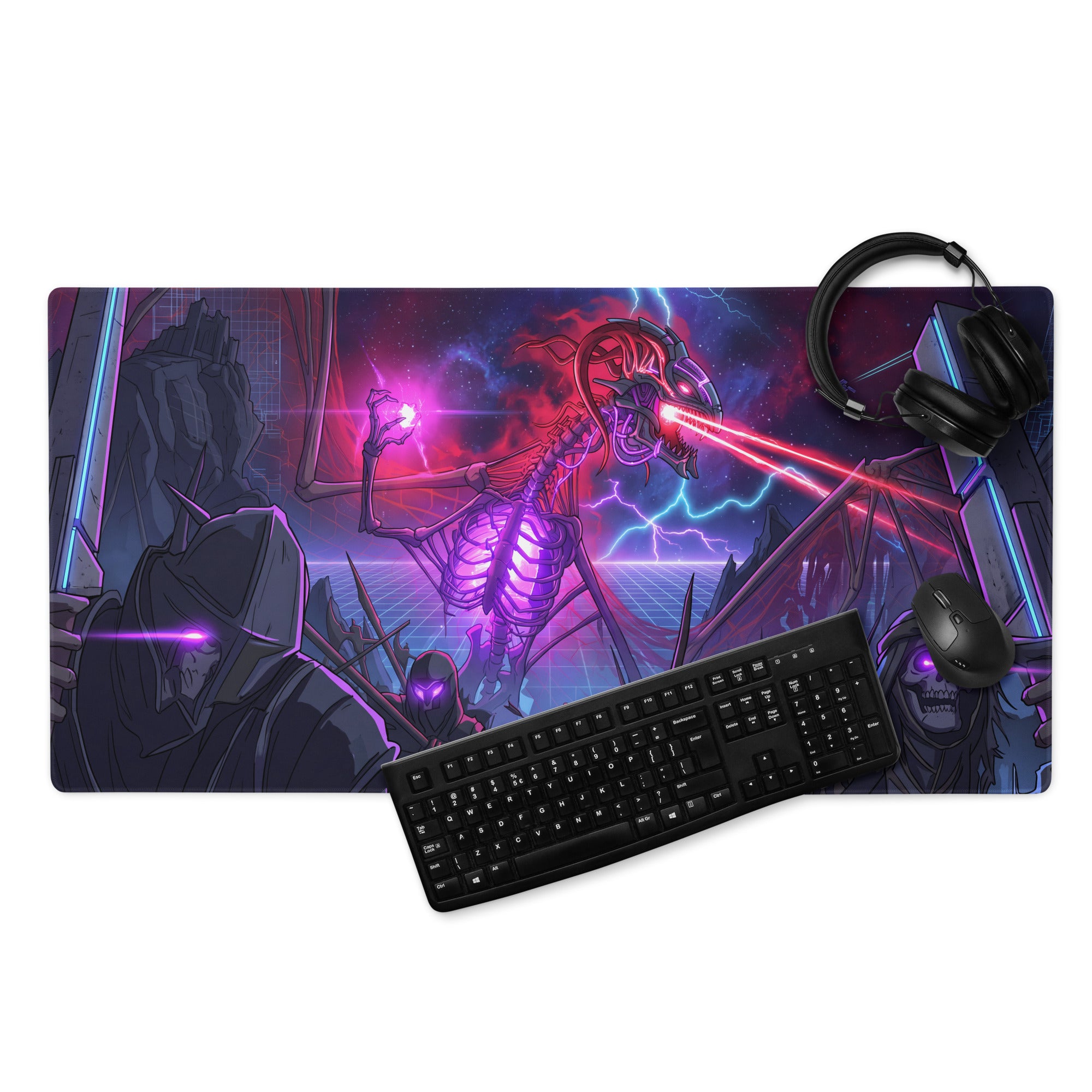 Vibrant neon purple and pink skeleton warrior gaming mousepad with glowing weapons on cyberpunk synthwave design