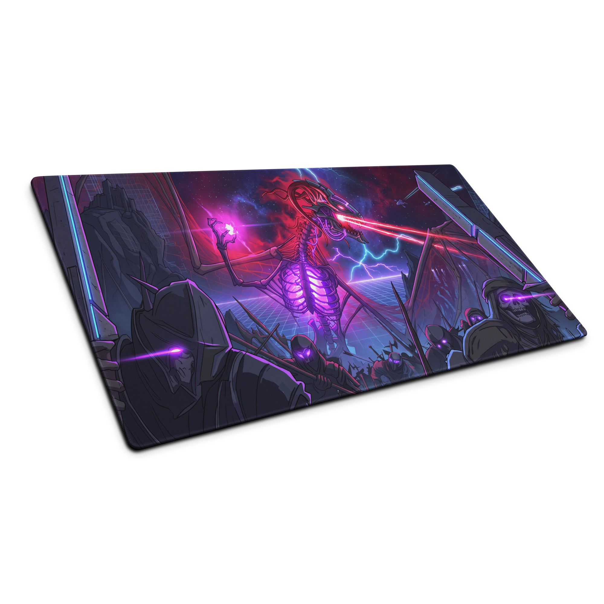 Neon vaporwave skeleton battle pad mouse pad with vibrant purple and red laser beams on a large futuristic desk mat