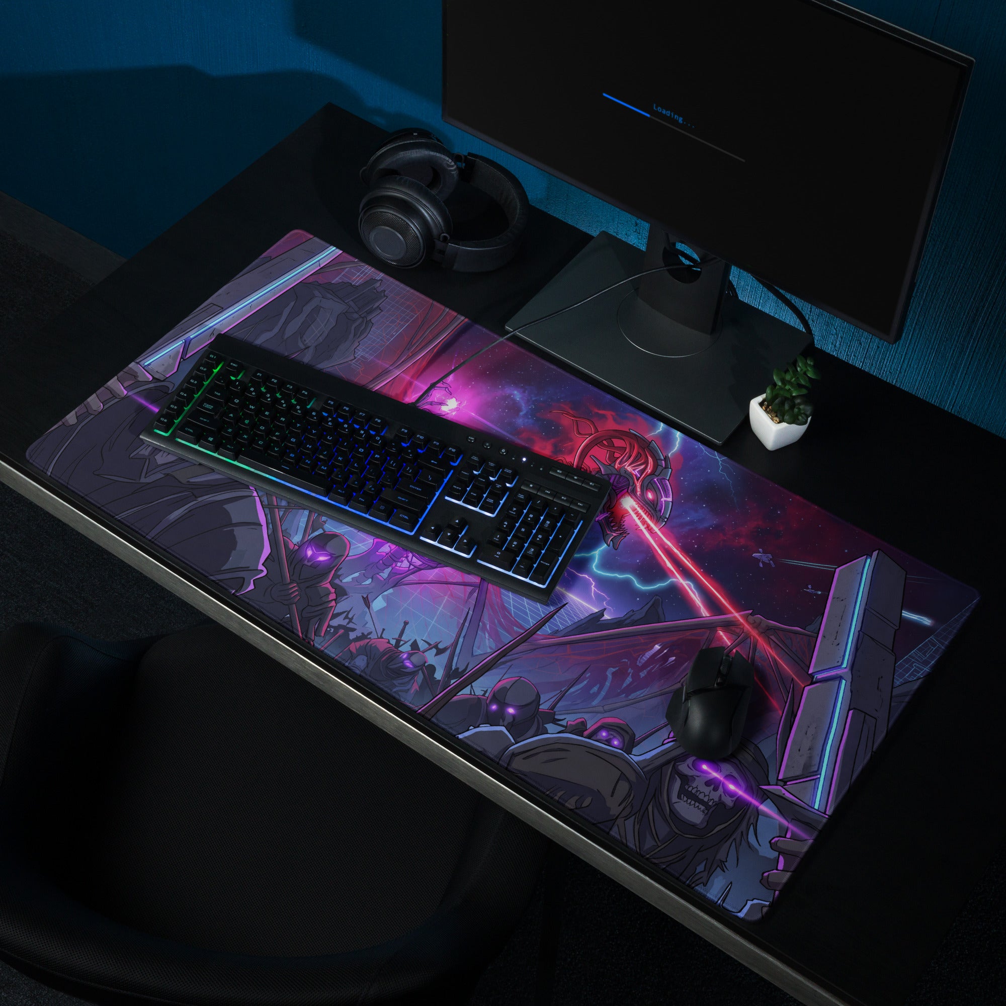 A vibrant neon vaporwave skeleton battle pad mouse pad with cosmic purple and red anime-style design for gaming