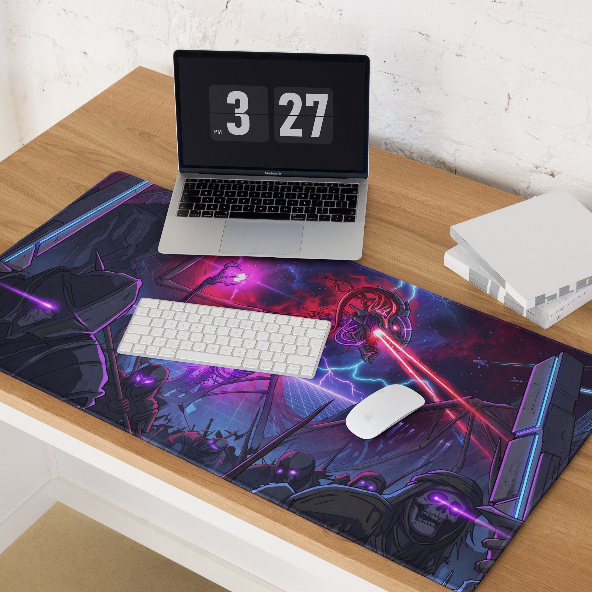 Neon vaporwave skeleton battle pad gaming mousepad with vibrant purple and red lasers on starry cosmic background