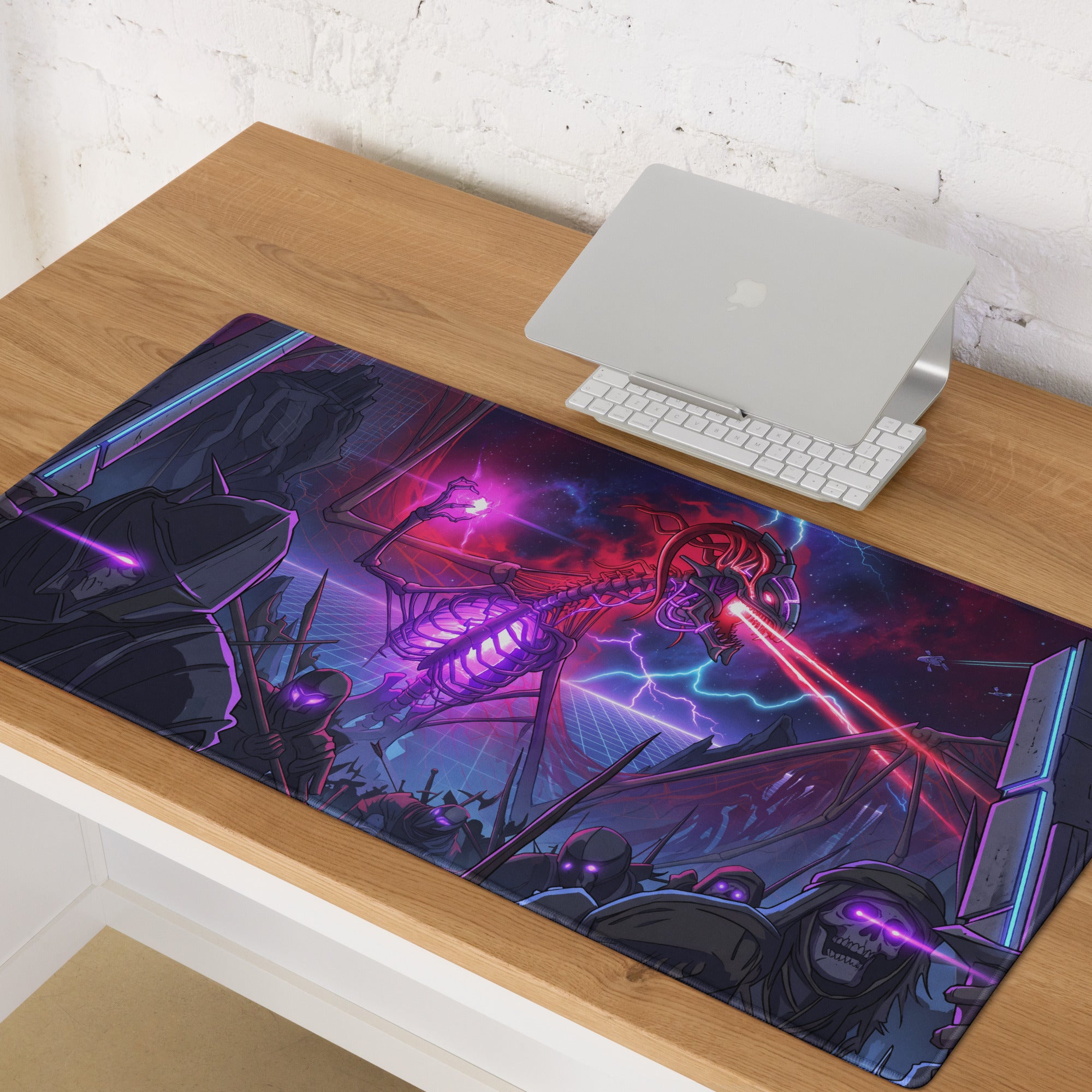 Rectangular gaming mousepad featuring vibrant purple and red sci-fi battle scene neon vaporwave skeleton design
