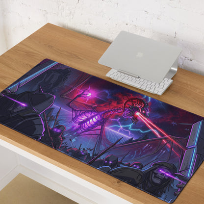 Rectangular gaming mousepad featuring vibrant purple and red sci-fi battle scene neon vaporwave skeleton design