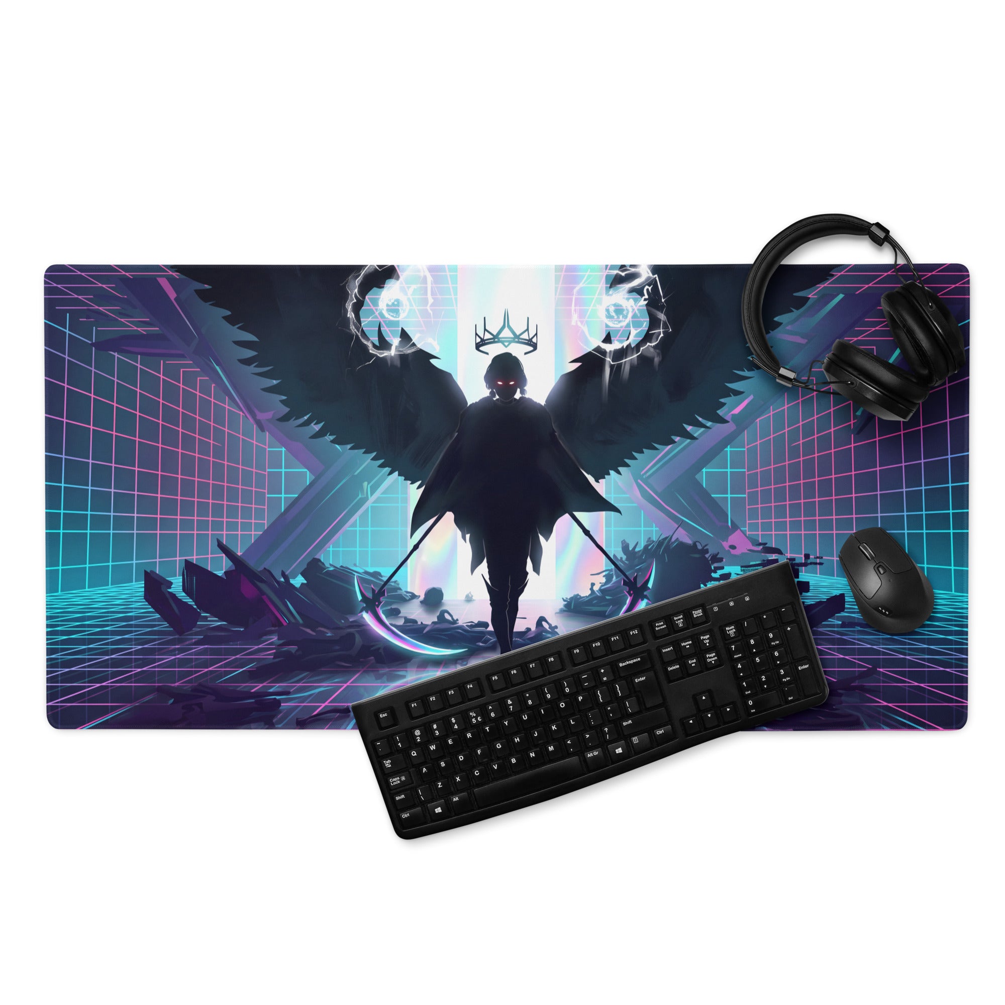 Narrow black matte keyboard on neon vaporwave winged pink purple blue gaming vaporwave cyberpunk mouse pad digital art