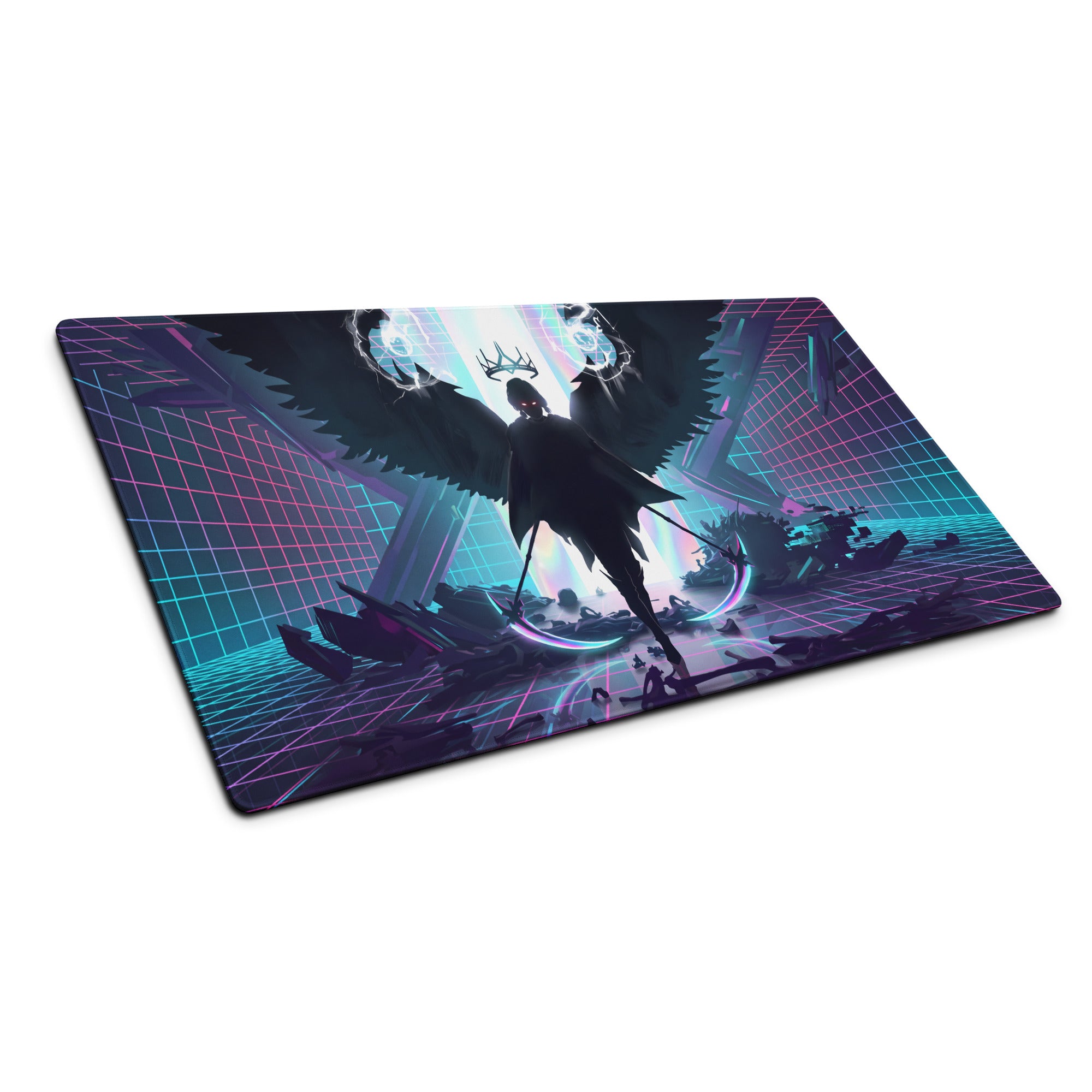 Neon vaporwave winged pad gaming mousepad with nebula theme dark angel silhouette glowing wings pink purple teal