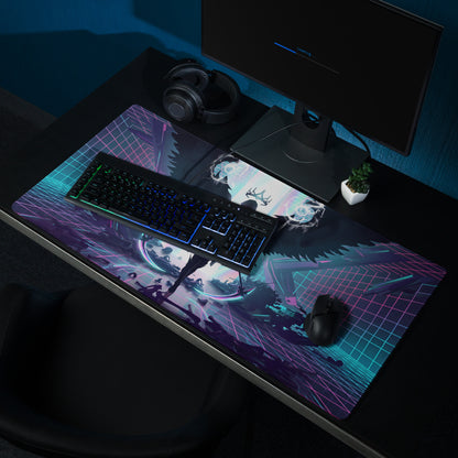 Neon vaporwave winged pad gaming mousepad with anime character and glowing neon grid lines in pink purple and blue