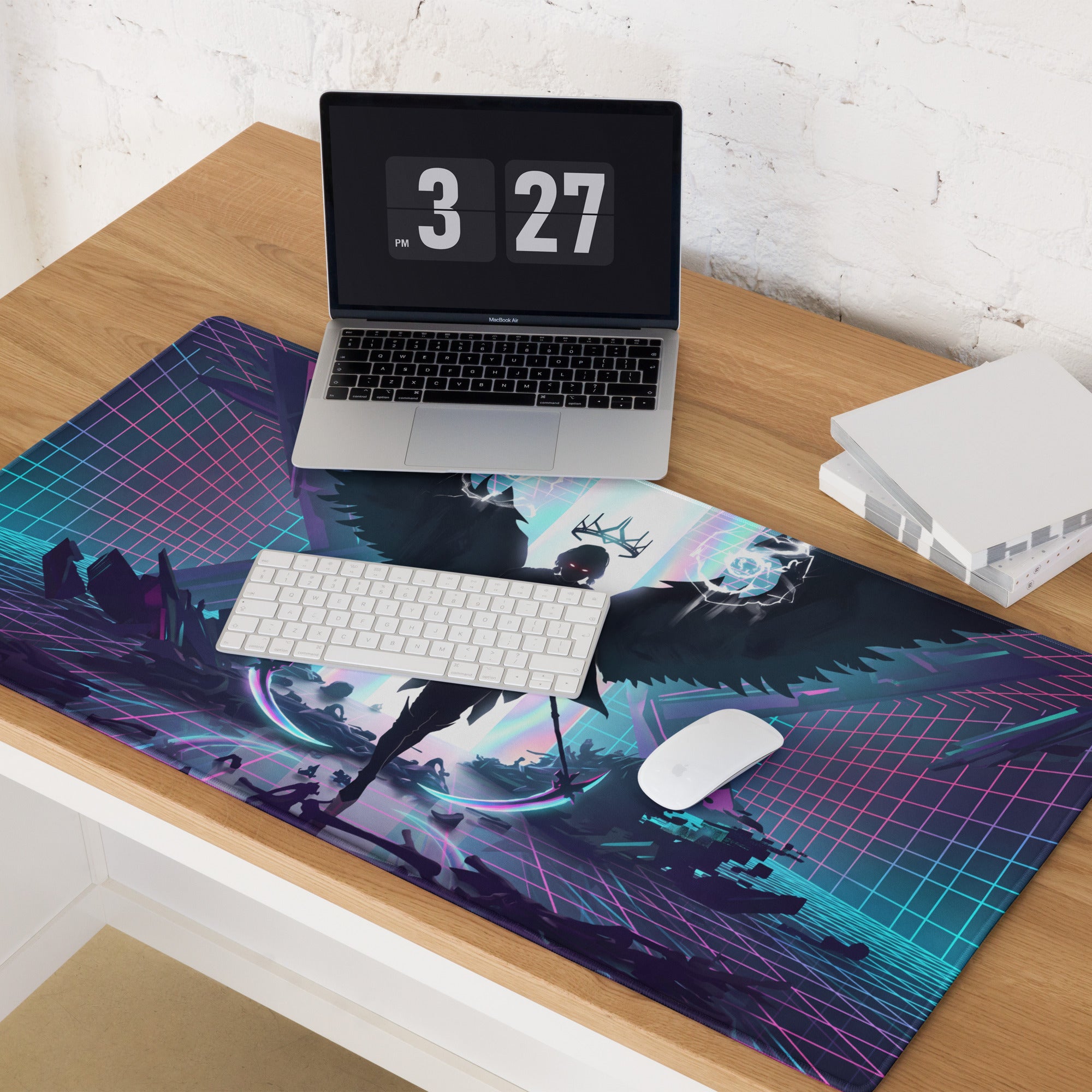 Neon vaporwave winged pad vibrant cyberpunk gaming mousepad with neon grid lines in pink purple and blue hues