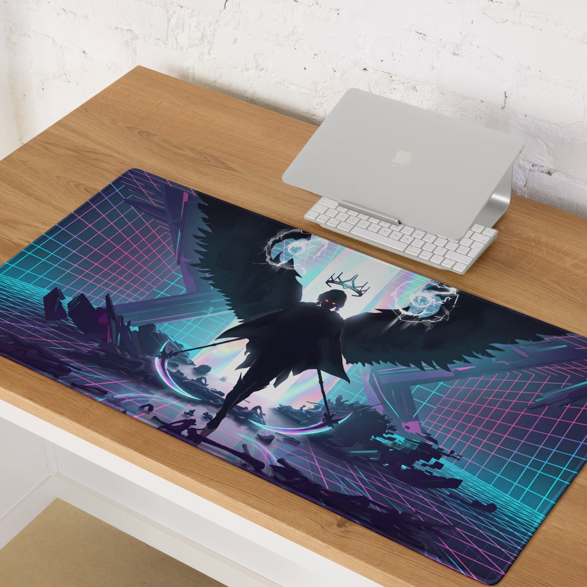 Narrow rectangular gaming mousepad featuring a dark angel silhouette and neon pink purple blue vaporwave grid design