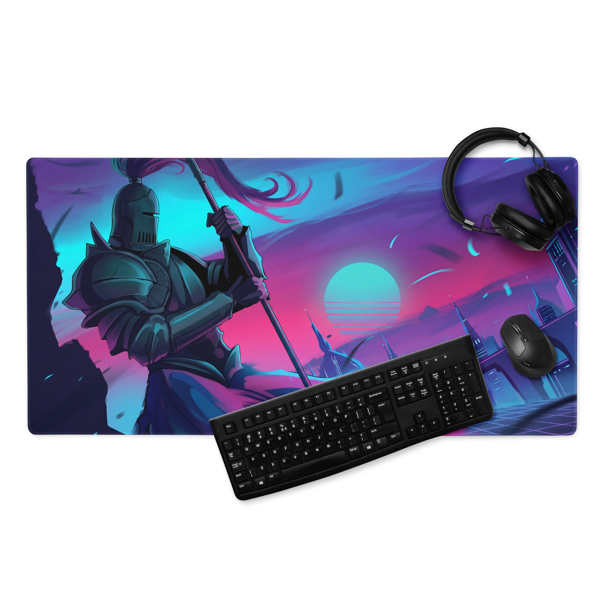 Neon knight vaporwave gaming mousepad with vibrant neon-pink and teal design featuring a knight in dark armor