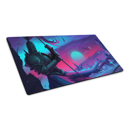 Neon knight vaporwave gaming mousepad in vibrant purple and teal with dark armored knight and glowing surreal sky design