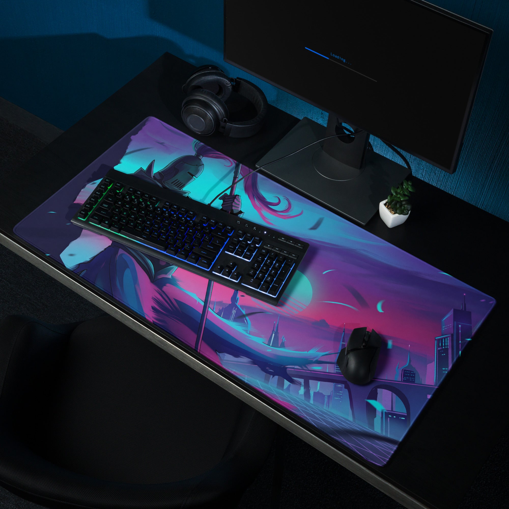 Neon knight vaporwave gaming mousepad with vibrant purple and teal futuristic cityscape design for desk use