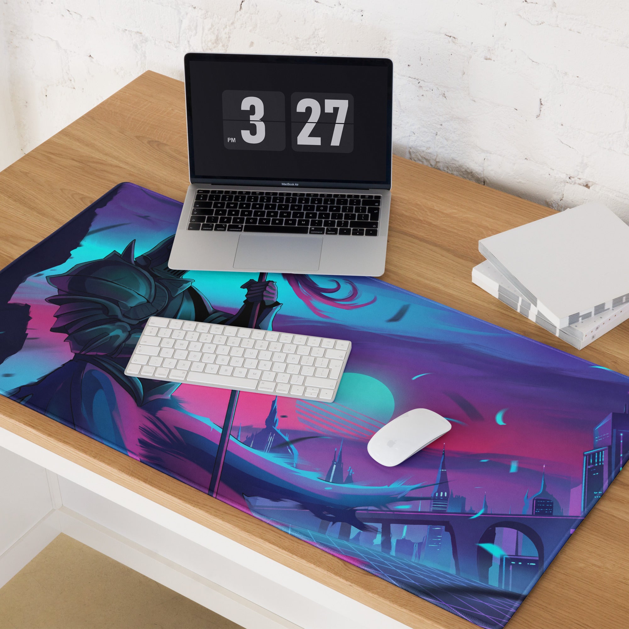Vibrant purple and teal gaming mousepad with stylized fantasy neon knight design for vaporwave aesthetic desks