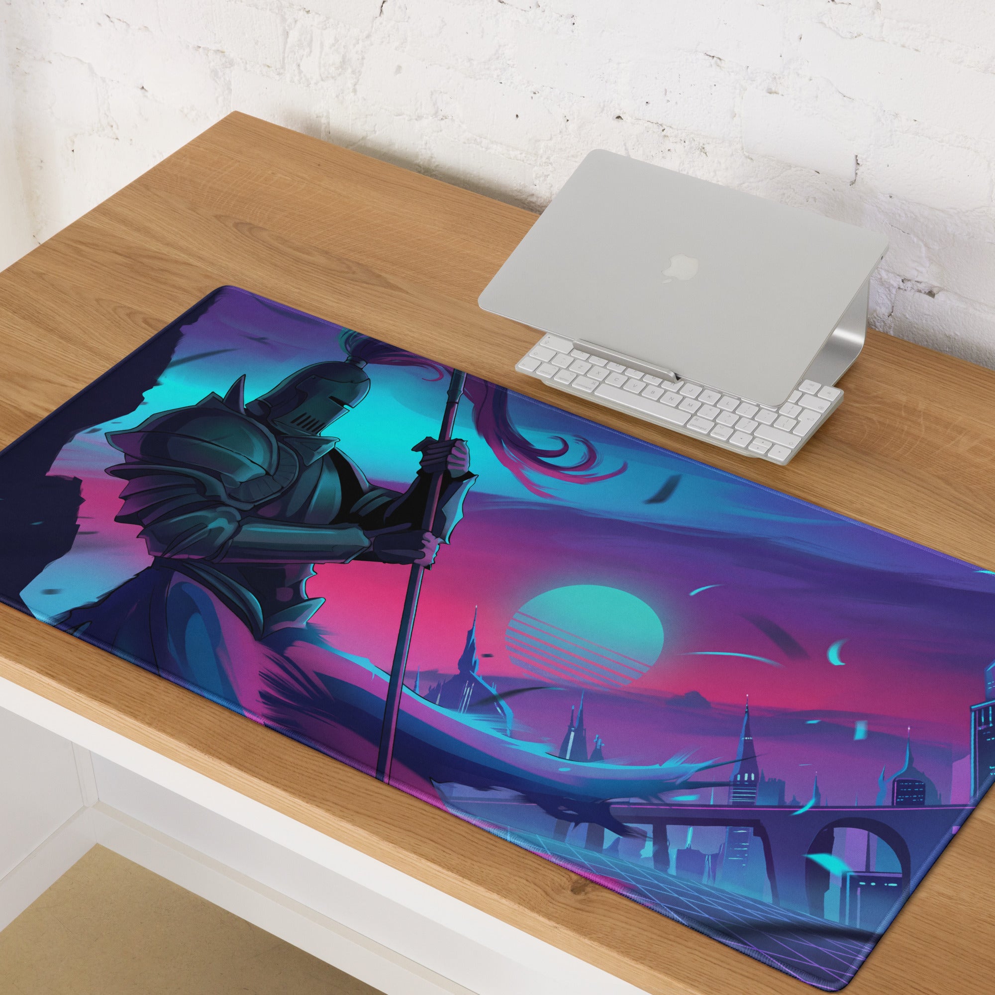 Nineteen-inch rectangular neon knight vaporwave gaming mousepad with dark armor knight and vibrant purple teal cityscape background