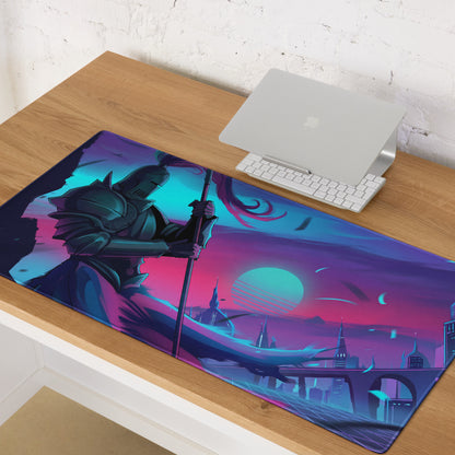 Nineteen-inch rectangular neon knight vaporwave gaming mousepad with dark armor knight and vibrant purple teal cityscape background