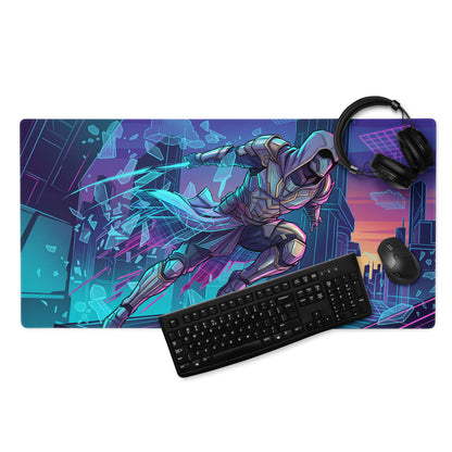The neon vaporwave gamer pad is a vibrant rectangular mousepad with a futuristic warrior in cyan and magenta hues
