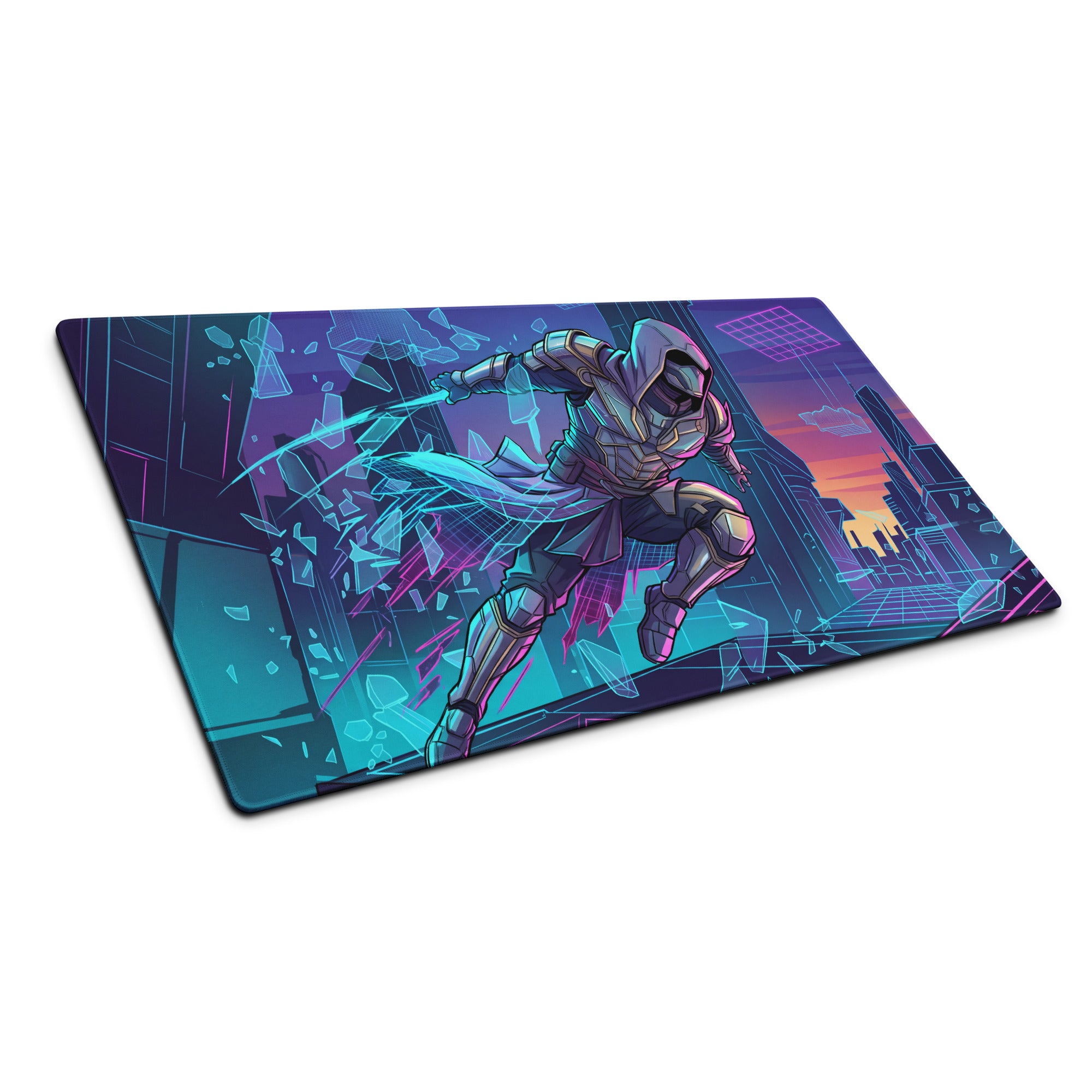 Neon vaporwave gamer pad featuring a nebula-themed gaming mousepad with a masked warrior leaping in neon cityscape
