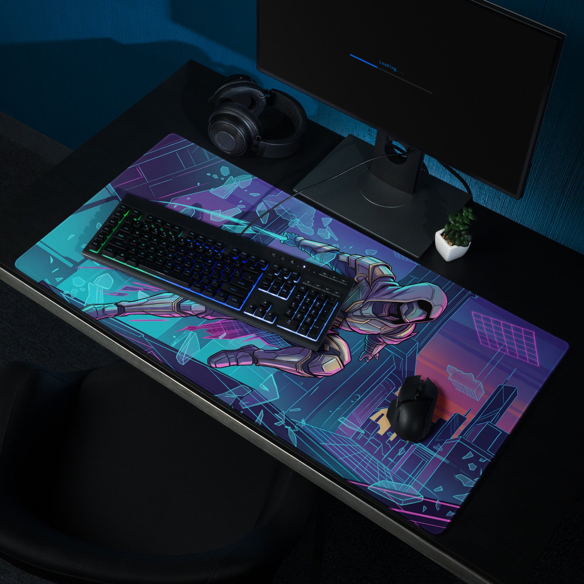Neon purple and teal vaporwave gamer mouse pad with futuristic character design for cyberpunk desk aesthetic