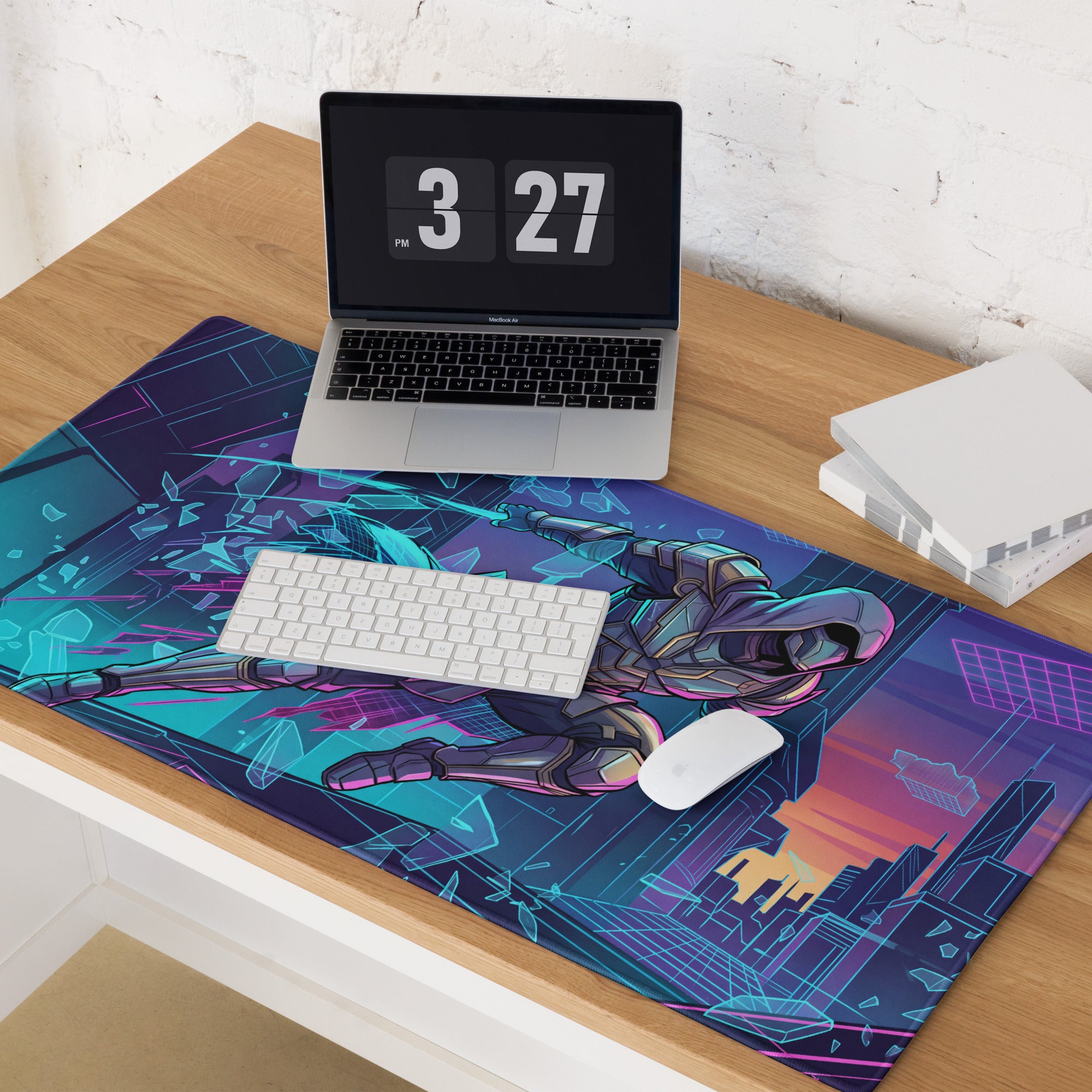 Neon vaporwave gamer pad purple and teal cyberpunk gaming mousepad with futuristic armored figure and cityscape design