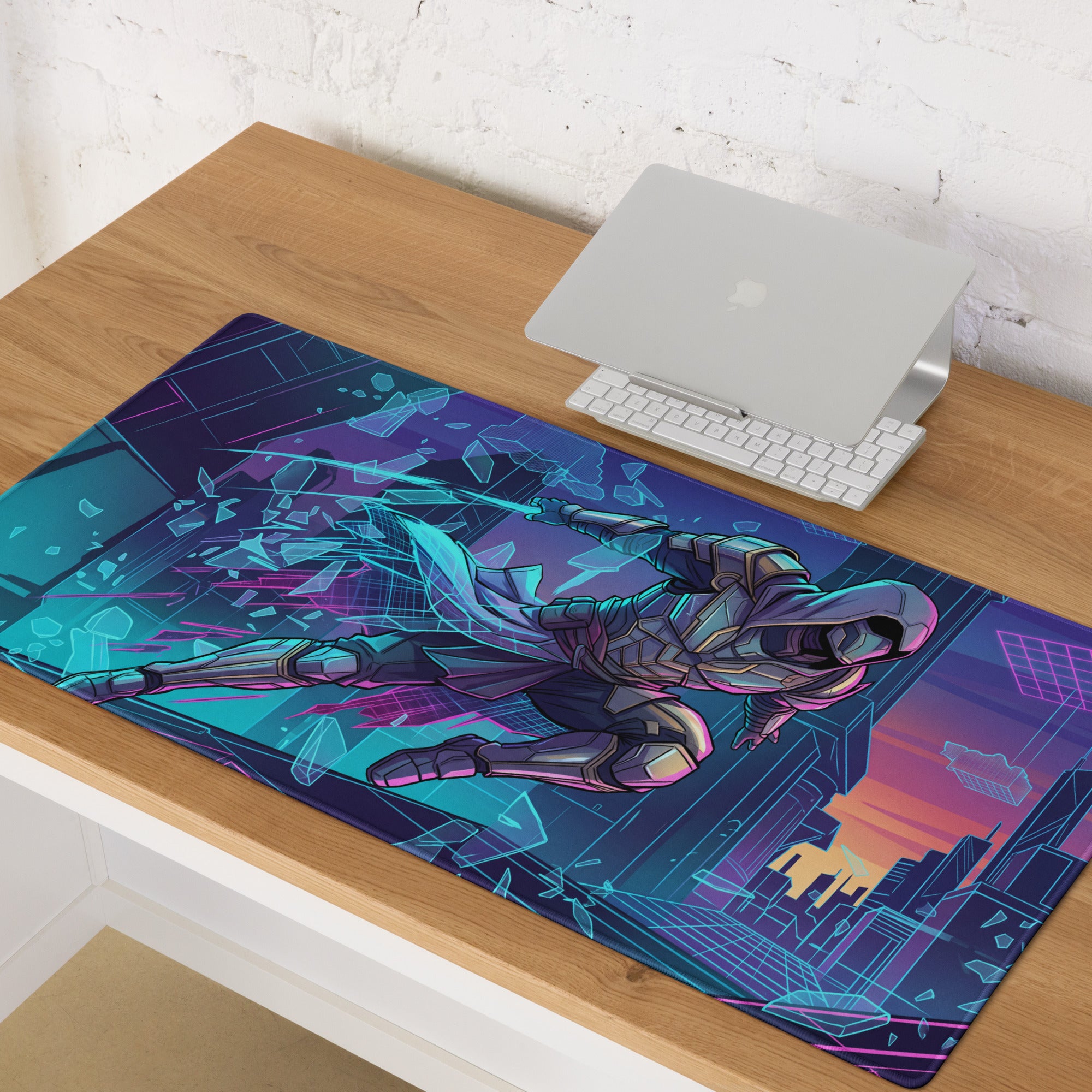 Neon vaporwave gamer mouse pad with vibrant purple pink colors featuring futuristic armored character design