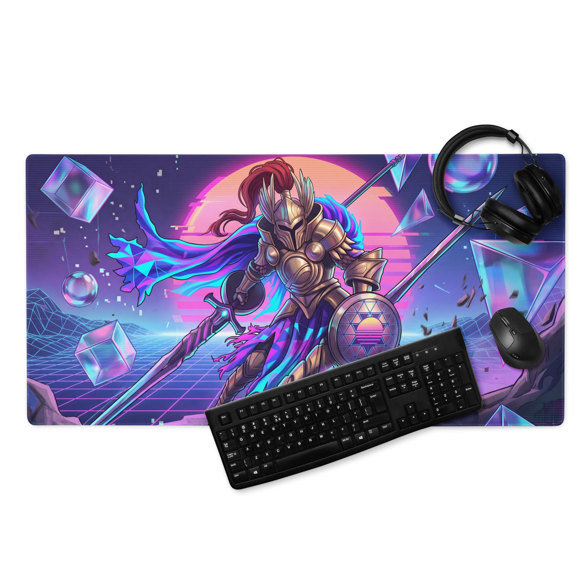 Vaporwave knight mouse pad featuring a neon purple pink and blue retro-futuristic design with a golden-armored knight