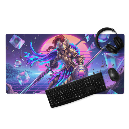 Vaporwave knight mouse pad featuring a neon purple pink and blue retro-futuristic design with a golden-armored knight
