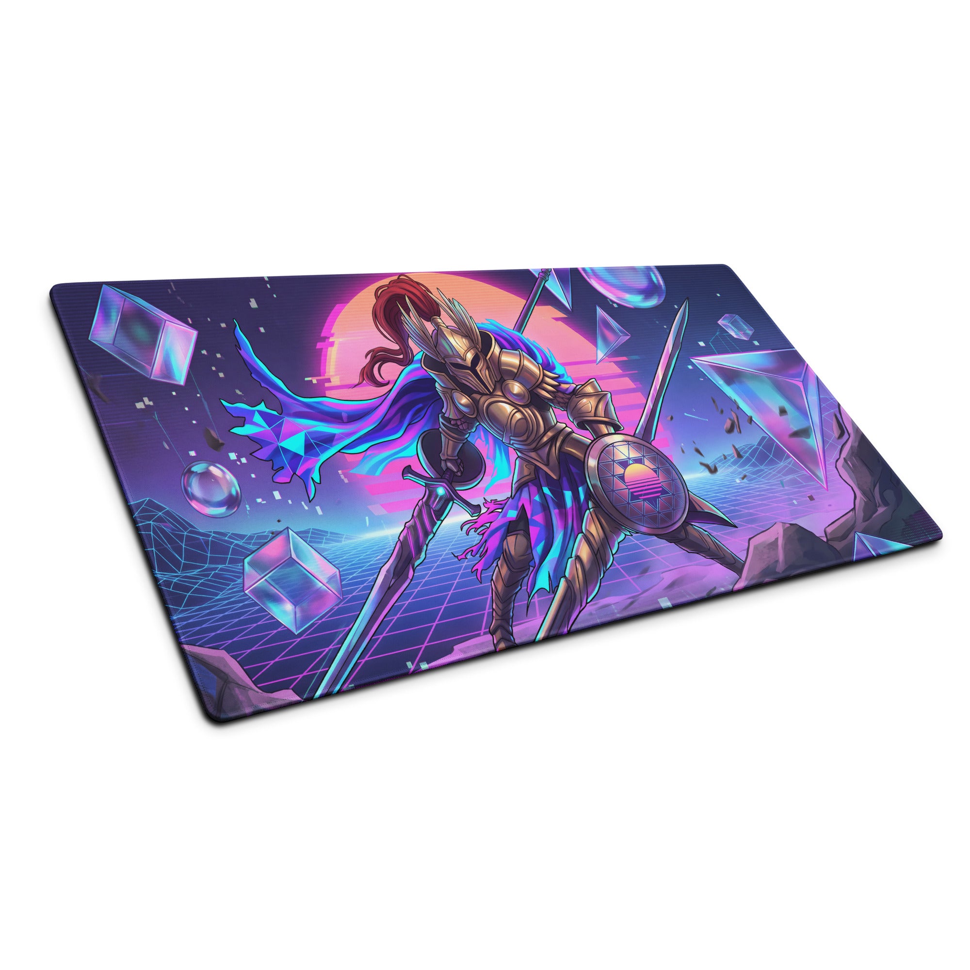 Vaporwave knight mouse pad with neon purple pink blue design featuring futuristic gold armored knight and geometric shapes