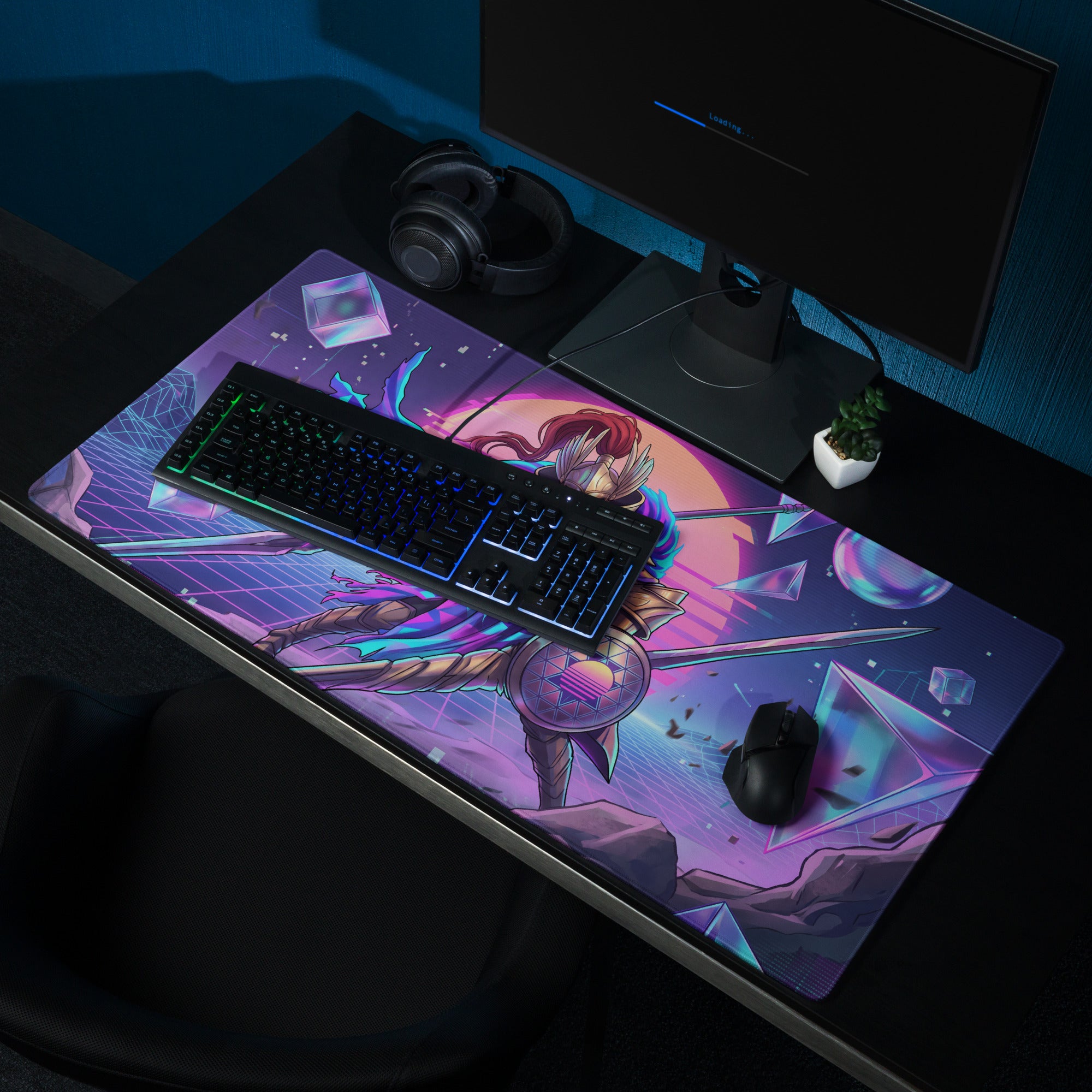 Vaporwave knight mouse pad with vibrant purple pink and blue cosmic design featuring a fantasy warrior and glowing orbs