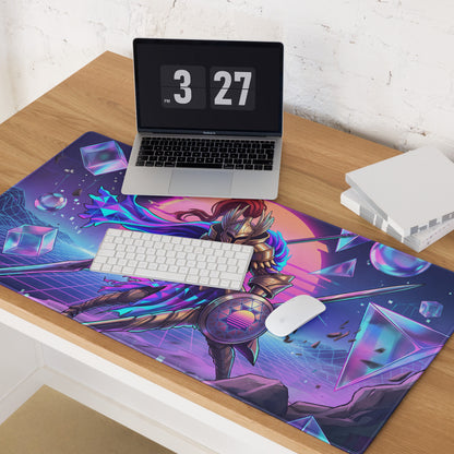 Vibrant purple and blue vaporwave knight mouse pad with futuristic warrior and glowing geometric shapes for gaming