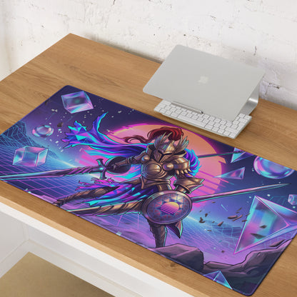 Vaporwave knight mouse pad with vibrant purple blue neon colors featuring a futuristic gold armored knight design