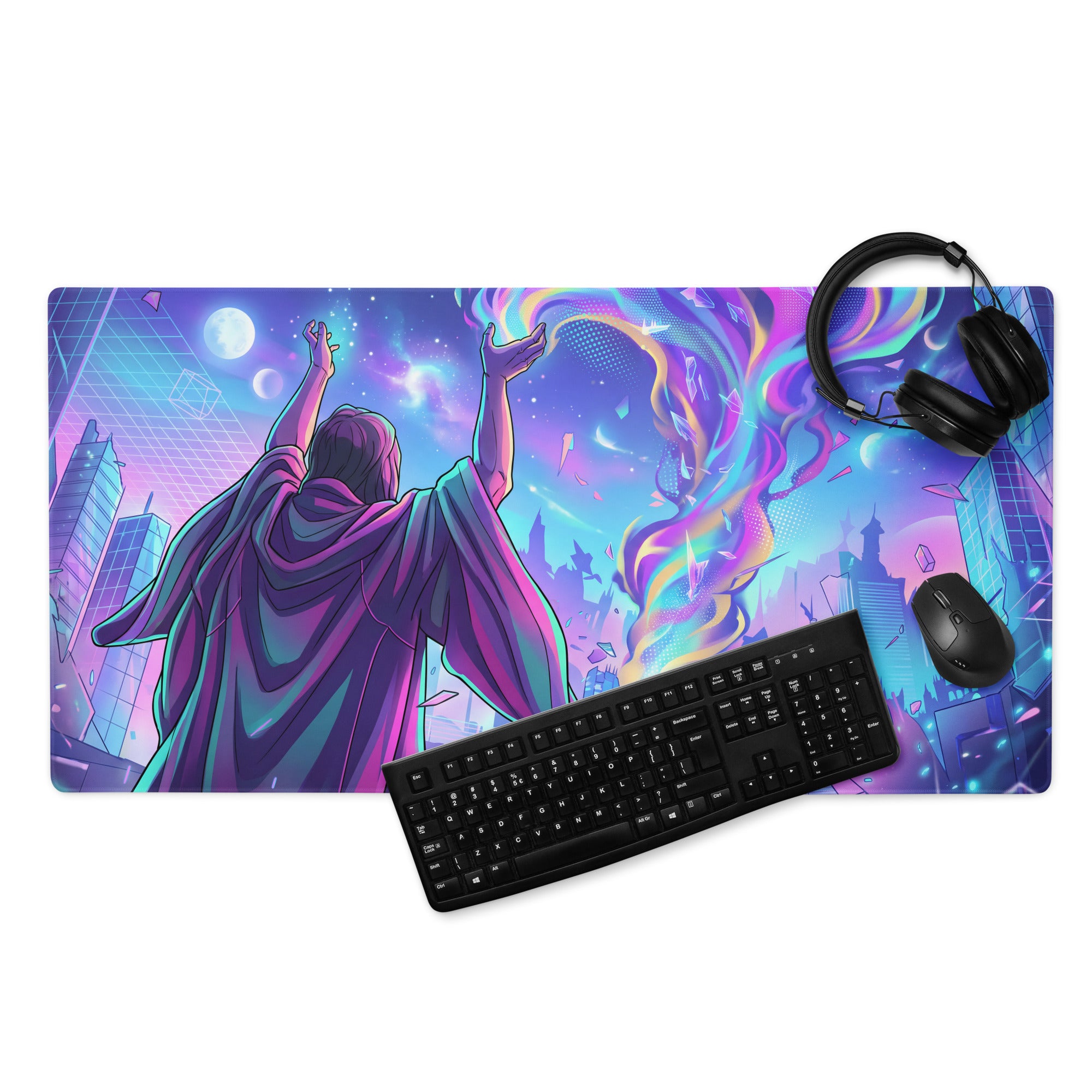 Neon vaporwave gaming mouse pad with vibrant neon purple and blue cosmic design featuring a robed figure reaching energy